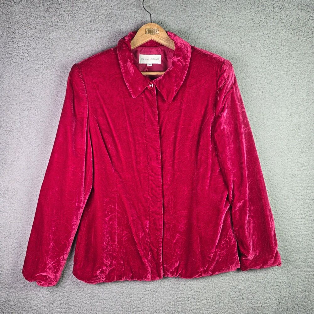 VTG Casual Corner Women Velvet Jacket 16 Red Button Up Structured Valentines